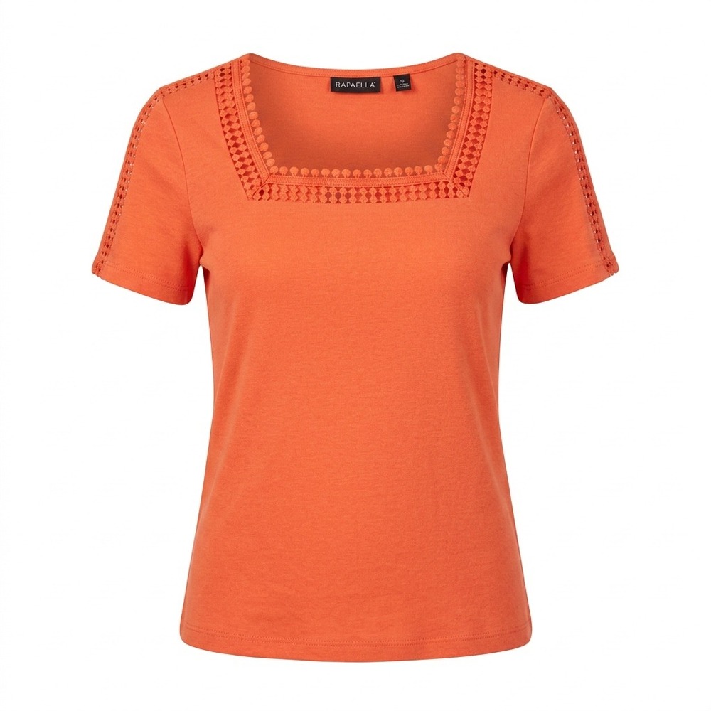 EUC Rafaella XS Crochet Trim Square‎ Neck Top Women Orange Short Sleeve Tee